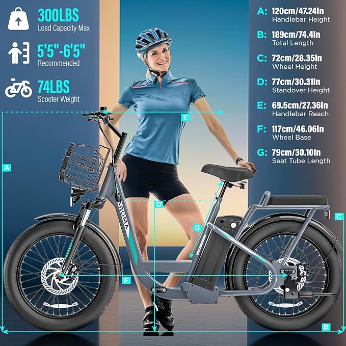 Caroma Electric Scooter with Seat, 48V Removable Battery E-Bike, Up to 30Miles&20MPH, 500/800/1200W Motor, 20" Fat Tire Adult Electric Bicycles for Commuting with Basket-StrideForce Fitness