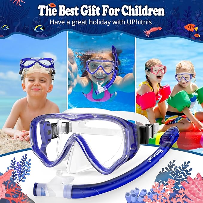 U PHITNIS Kids Snorkel Set for Age 4-14 - Dry Top Snorkeling Gear for Kids Junior & Youth - Childs Diving Mask with Big Eyes for Boys Girls - Anti-Fog Snorkeling Mask and Snorkel Set-StrideForce Fitness