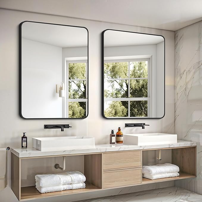 FORBATH Bathroom Mirror 30" X 40", Large Rectangular Wall Mirror, Black Metal Framed Rounded Corner Wall Mounted Mirror for Bathroom Bedroom Entryway Decor(Horizontal/Vertical)-StrideForce Fitness