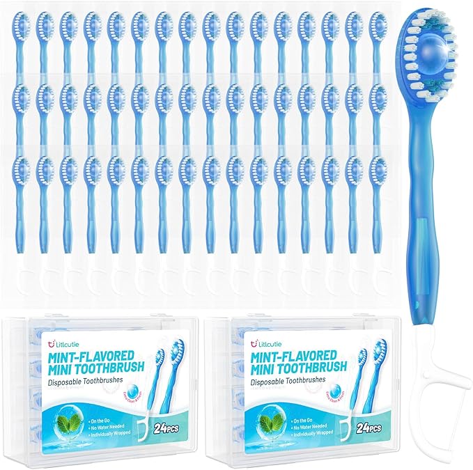 48 Pack 5 in 1 Disposable Mini Toothbrushes with Toothpaste, Floss, Pick & Tongue Scraper, Individually Wrapped, Portable Toothbrush Travel Set for Kids Adults, Mint Flavor