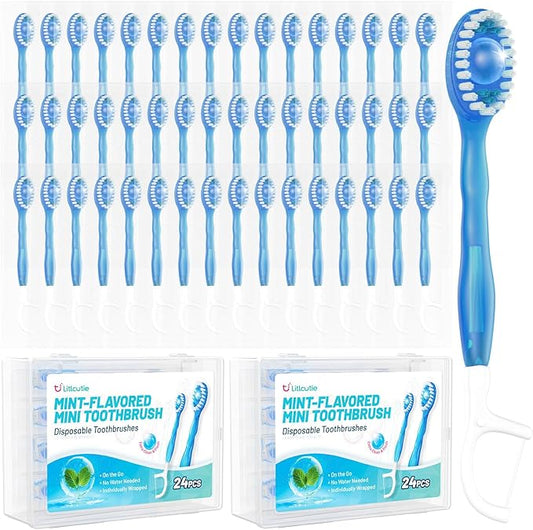 48 Pack 5 in 1 Disposable Mini Toothbrushes with Toothpaste, Floss, Pick & Tongue Scraper, Individually Wrapped, Portable Toothbrush Travel Set for Kids Adults, Mint Flavor