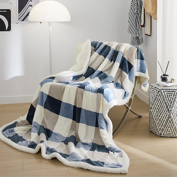 PU MEI Sherpa Fleece Throw Blanket 80" x 90" Full/Queen Reversible Plush Fluffy Extra Large Big Blanket Lattice Flannel Blankets for Sofa Couch Bed (Grey-Soft Blue, 80"*90")-StrideForce Fitness