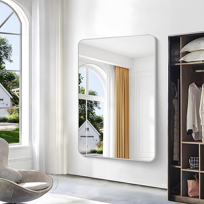 Silver Bathroom Mirror,60x40 inch Wall Mirror for Bathroom Wall Mounted,Rectangle Mirror for Bathroom Over Sink,Modern Frame Round Corner for Living Room,Bedroom Entryway,Horizontal/Vertical-StrideForce Fitness
