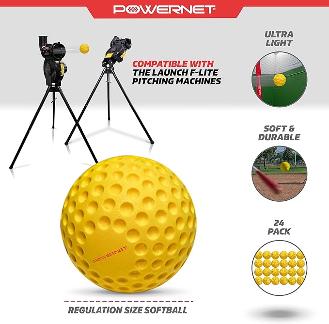 PowerNet Launch F-lite Softball & Baseball Pitching Machine, Dimpled Practice Balls, Bucket of Baseballs, Coaching Bucket Bundle for Pitching Machine, Baseball Training Equipment-StrideForce Fitness