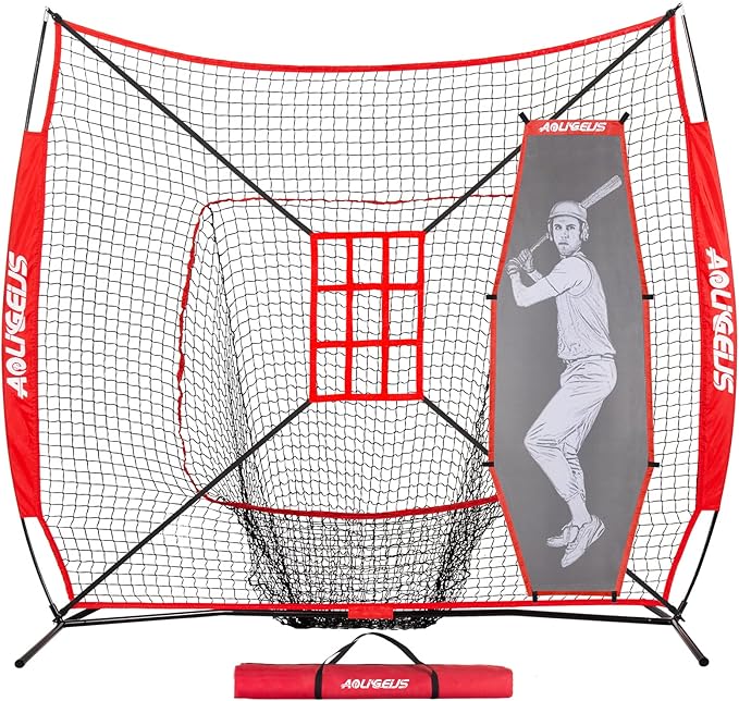 7'X7' Baseball Softball Practice Net,Pitching Net,Batting Net,with Baseball Tee,Bonus Strike Zone and Bow Frame,for Hitting,Pitching, Catching-StrideForce Fitness