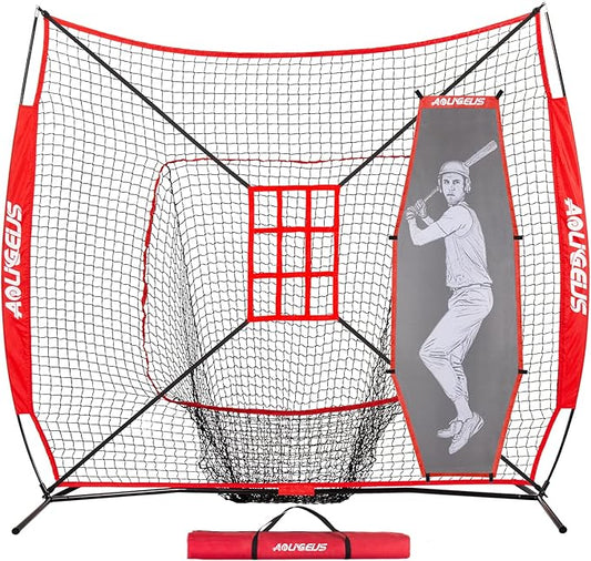 7'X7' Baseball Softball Practice Net,Pitching Net,Batting Net,with Baseball Tee,Bonus Strike Zone and Bow Frame,for Hitting,Pitching, Catching-StrideForce Fitness