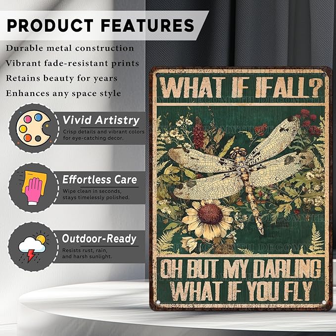 Dragonfly Vintage Tin Sign What If I Fall Metal Tin Sign for Home Bedroom 12 * 16inch-StrideForce Fitness