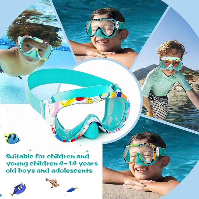 Kids Swim Goggles with Nose Cover, 180° Panoramic Snorkel Mask with Anti-Fog & Anti-Leak Design, Comfort Fabric Strap UV Protection Lens for Boys Girls Ages 3-15-StrideForce Fitness