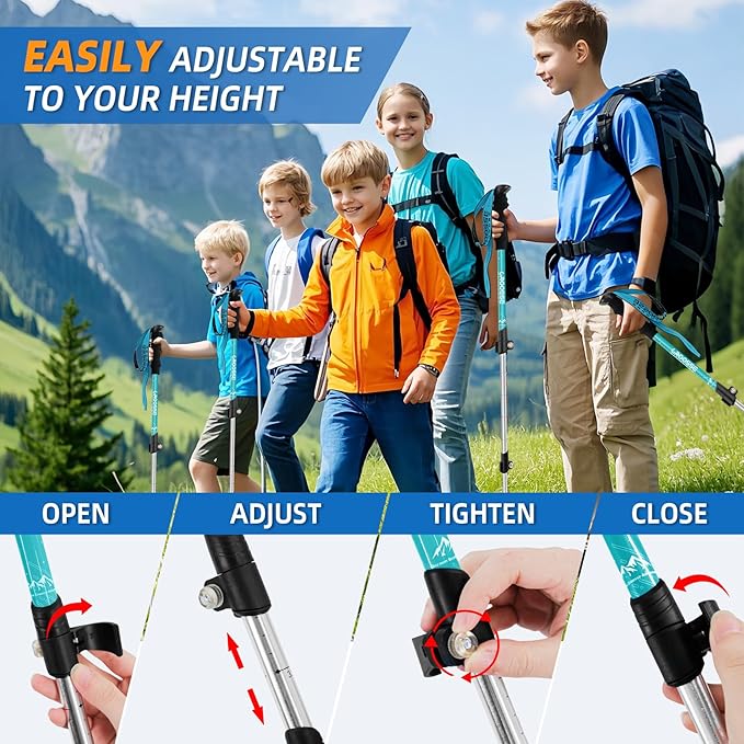 Lightweight Collapsible Kids Hiking Poles - Retractable Kids Hiking Stick, Telescoping Aluminum Trekking Poles 2 Pack, Adjustable Kids Ski Poles by Croosse-StrideForce Fitness