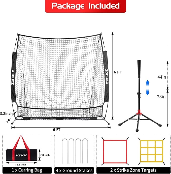 6x6ft Baseball & Softball Net for Hitting,Pitching and Batting, Throwing,Baseball net with Sturdy Bow Frame,Battting Tee,Strike Zone, Middle Size,Suitable for Kids!-StrideForce Fitness