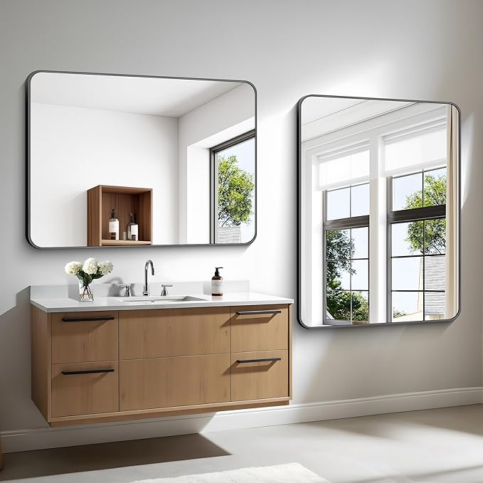 36x48 inch Bathroom Mirror,Black Rectangle Mirror,Wall Mounted Bathroom Frame Vanity Mirror with Round Corner for Bedroom Living Room, Entryway Hangs Horizontal or Vertical-StrideForce Fitness