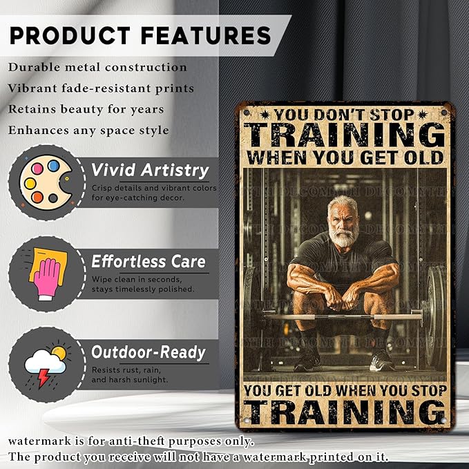 Vintage Gym Training Metal Tin Sign You Don’t Stop Training When You Get Old Wall Art Decor For Bodybuilder Funny Wall Art Home Kitchen Gym Boxing Club Fitness 12 * 8inch-StrideForce Fitness