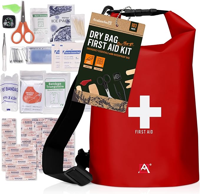 Avalanche First Aid Kit in Dry Bag, 103 Pcs Emergency Supplies Kit in Waterproof Bag for Home, Car, Travel, Sports or Camping, Durable, Ideal for Water Activities, Survival Gear Kit-StrideForce Fitness