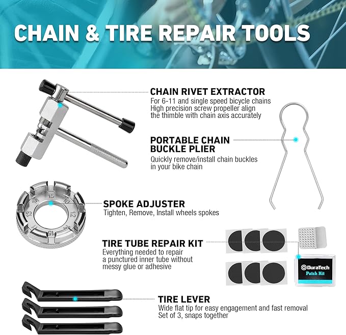 DURATECH 31 Pieces Bicycle Tool Kit, Complete Bike Repair Kit with Storage Box, Mountain Bike Repair Tools, for Mountain, Road, and Park Bicycle with Chain Riveter, Tire Levers, Crank Puller-StrideForce Fitness