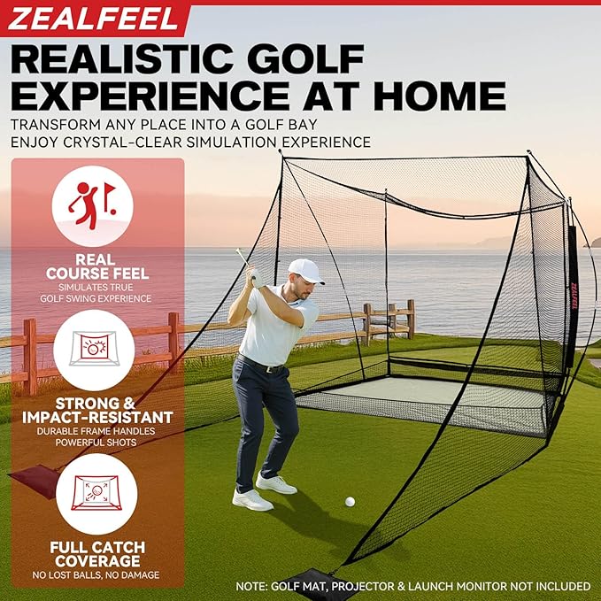 Golf Simulator Cage with Side Barriers&Impact Screen – 10x8 FT Golf Net with Dual-Layer HD Simulator Screen for High-Speed Shots, Practice Net with Ball Return for Indoor Outdoor Backyard-StrideForce Fitness