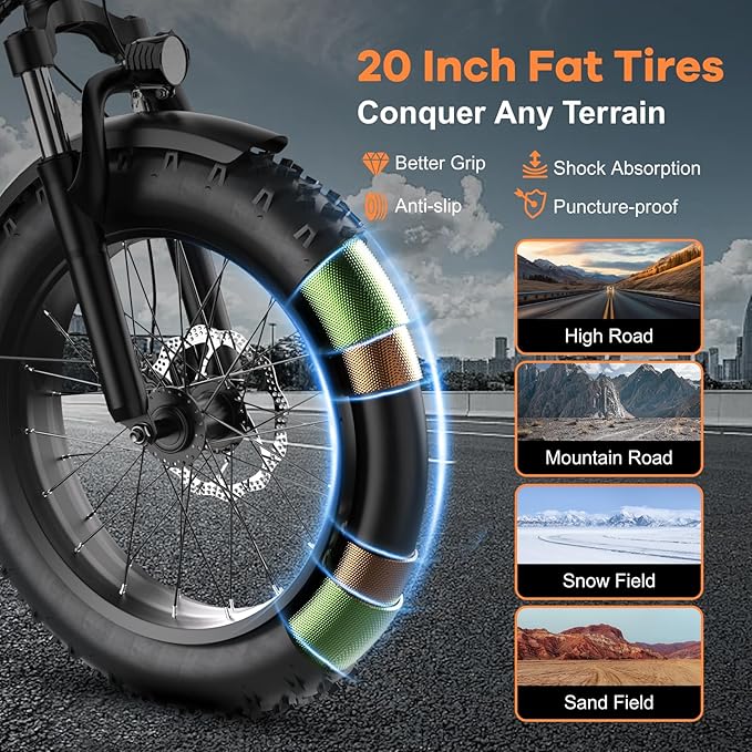 Foldable Electric Bike for Adults, Peak 1000W Brushless Motor 30MPH 70Miles City Commuter Ebike, 48V 20AH Lithium Battery, 20" Fat Tire 7-Speed E-Bicycle with Front Suspension Colourful LCD Display-StrideForce Fitness