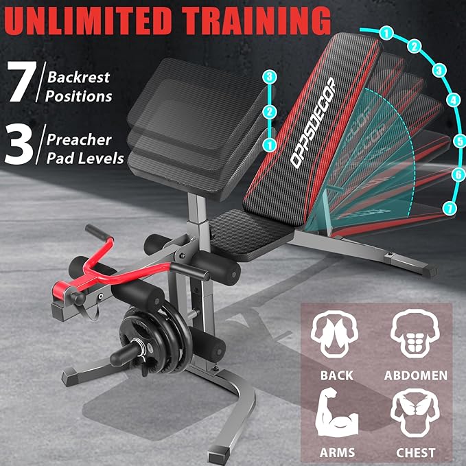OPPSDECOR 900LBS Adjustable Weight Bench Press with Leg Extension and Preacher Curl Pad, Flat Incline Decline Utility Workout Bench for Home Gym Exercise-StrideForce Fitness