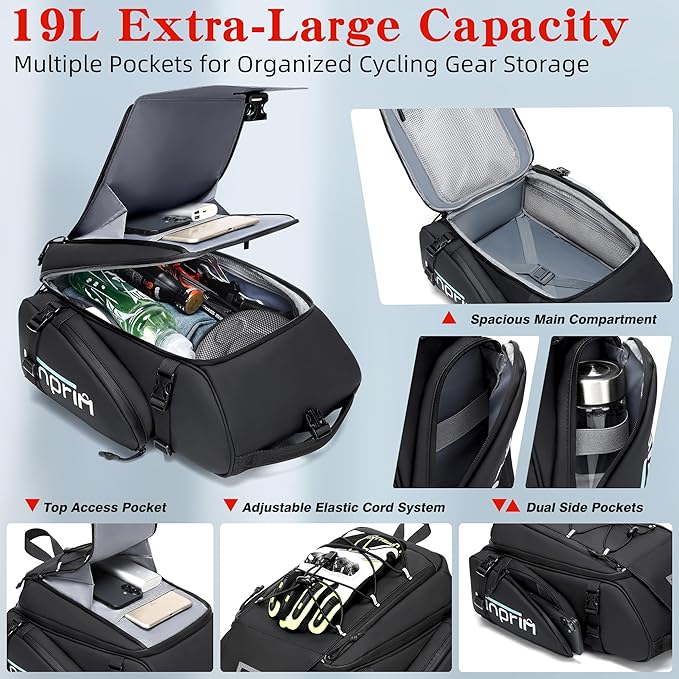 19L Reflective Bike Rack Bag Large Capacity Waterproof Rear Bag with Rain Cover E-Bike Bicycle Accessories Basket Storage Crossbody Saddle Shoulder Rear Seat Luggage Pouch Bag Accesorios Bicicletas-StrideForce Fitness