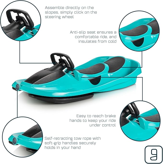 Snow Sled for Kids, Adults - Toboggan Sled, Easy Turning Steering Wheel, Anti-Slip Seat, Pull Up Brake, Durable Plastic Sled, Lightweight, Snow Sleds, Age 3+ 260 lbs-StrideForce Fitness