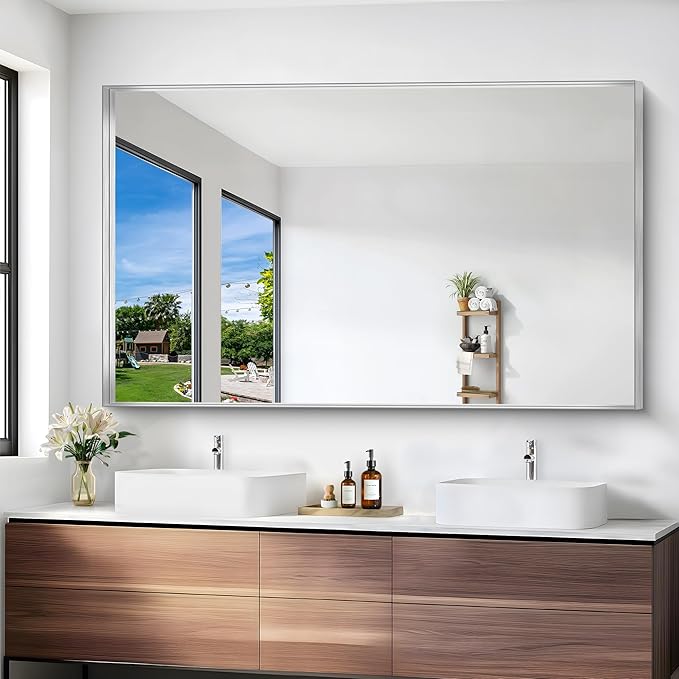 Silver Bathroom Mirror, 36x60 Inch Rectangular Deep Frame Mirror, Large Wall Mounted Bathroom Vanity Mirror Over Sink for Bedroom,Restroom, Living Room, Hangs Vertically or Horizontally-StrideForce Fitness