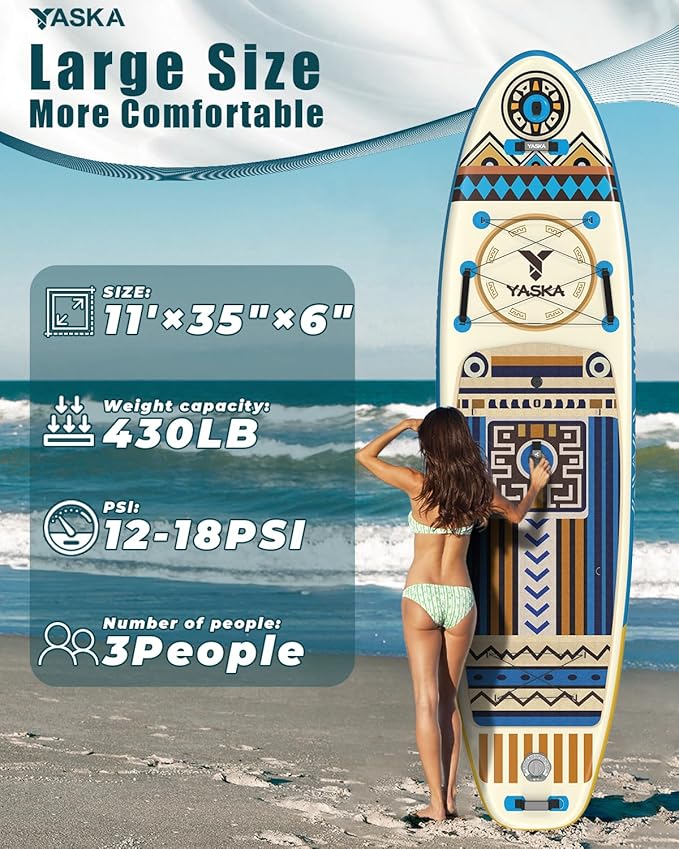YASKA Inflatable Stand Up Paddle Board - 11ft Extra Wide Paddleboard with Premium SUP Board Accessories,Camera Mount,Non-Slip EVA Deck,5 Handles,Youth/Adult-StrideForce Fitness