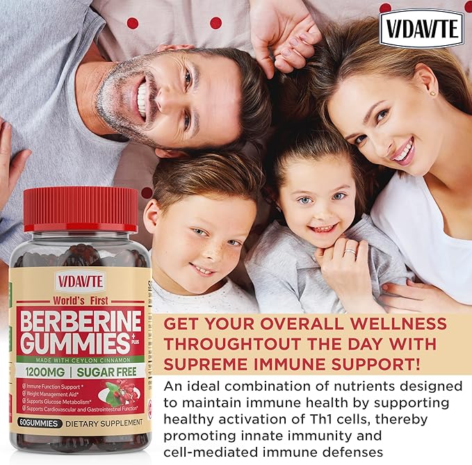 Berberine with Ceylon Cinnamon Gummies — Sugar-free, 98% Pure & 10x Absorption — 1200mg HCL Organic Berberine Supplement for Weight Management, Immunity, Metabolic & Digestive Health(30 Days)-StrideForce Fitness