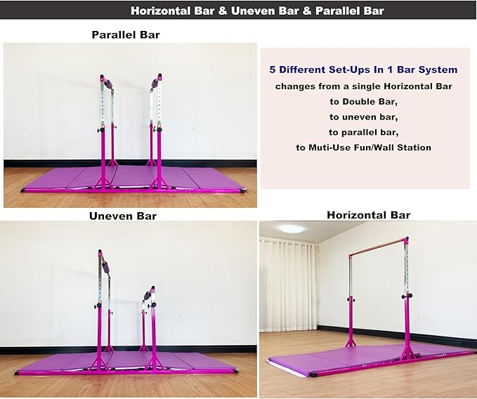 Gymnastics Double Horizontal Bars 3Play Parallel Bars Uneven Bars Gymnastics Training Kip Bar with 304 Stainless Steel Regulating Arms & Fiberglass Rail for Indoor Outdoor Home Club Use-StrideForce Fitness