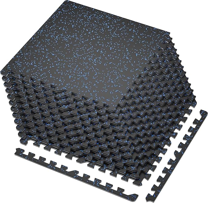 SUPERJARE 0.4'' Thick 12 Pcs 48 Sq Ft Rubber Top Exercise Equipment Mats, High Density EVA Foam Mats with Rubber Top, Interlocking Gym Flooring for Home Gym, Protective Workout Mat, Black/Blue-StrideForce Fitness