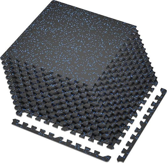 SUPERJARE 0.4'' Thick 12 Pcs 48 Sq Ft Rubber Top Exercise Equipment Mats, High Density EVA Foam Mats with Rubber Top, Interlocking Gym Flooring for Home Gym, Protective Workout Mat, Black/Blue-StrideForce Fitness