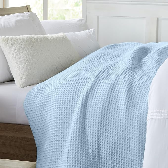 100% Cotton Waffle Weave Queen Bed Blanket | Soft, Breathable, and Lightweight Blanket for All-Seasons | Perfect for Layering | Brielle Collection (Full/Queen, Sky Blue)-StrideForce Fitness