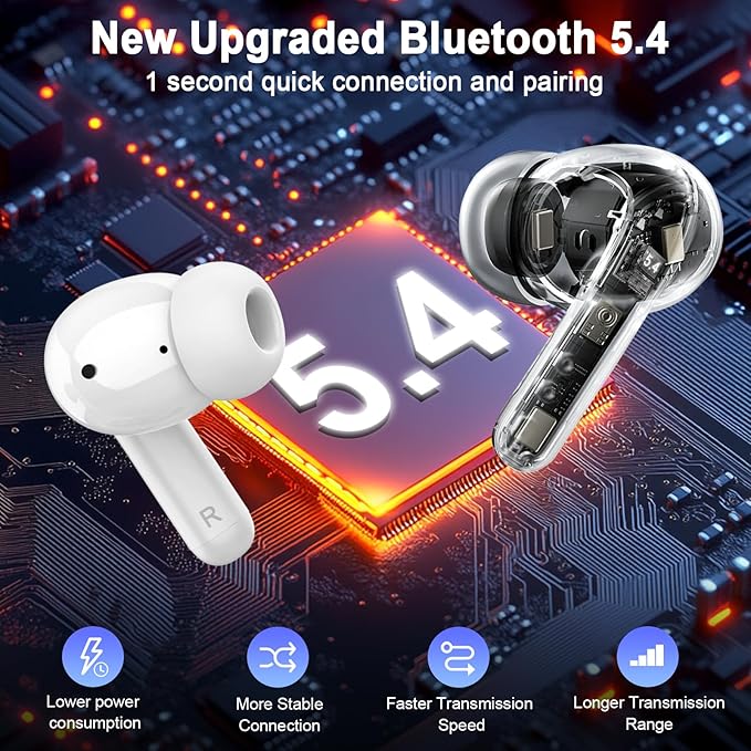 Wireless Earbuds, 2025 Bluetooth 5.4 Headphones 3D Stereo Hi-Fi Bass Ear Buds, 4 ENC Noise Cancelling Mic, 40+Hrs USB-C in-Ear Earphone Sport, IP-X7 Waterproof Workout Gym for Android iOS Laptop Pad-StrideForce Fitness