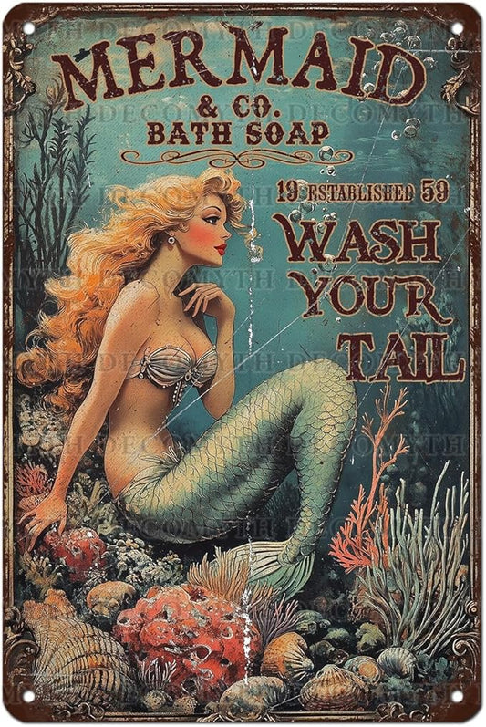 Retro Mermaid Tin Sign Wash Your Tail Vintage Metal Poster Funny Bath Soap Wall Art Toilet Bathroom Man Cave Bar Cafe Indoor Living Room Garage 12 * 8inch-StrideForce Fitness