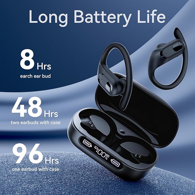 occiam Active Noise Cancelling Ear Buds Wireless Earbuds Bluetooth Headphones 96Hrs Playback LED Display Over-Ear Waterproof Earphones with Earhooks Mics Clear Call for Sport/Running/Workout Black-StrideForce Fitness