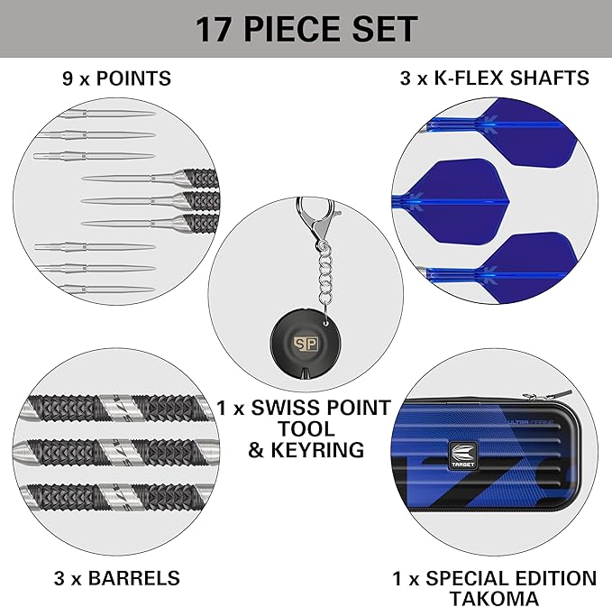 TARGET Darts 975 Ultra Marine 97.5% Tungsten Steel Tip Darts Set - Swiss Point Darts with K-Flex Integrated Flight and Shaft – Includes Dart Takoma Wallet, SP Tool, Dart Tips-StrideForce Fitness