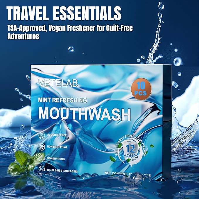 Portable Travel Size Mouthwash Packets - TSA-Approved Mini Mint Mouthwash for Adults, Alcohol & Fluoride-Free Oral Care for Air Travel, Dates & Office, 10 Individually Wrapped 0.4oz Packs