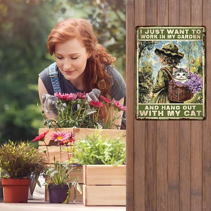 Garden Sign I Just Want To Work In My Garden and Hang Out With My Cat Vintage Metal Tin Sign Retro for Home Patio Backyard 12 * 16inch-StrideForce Fitness