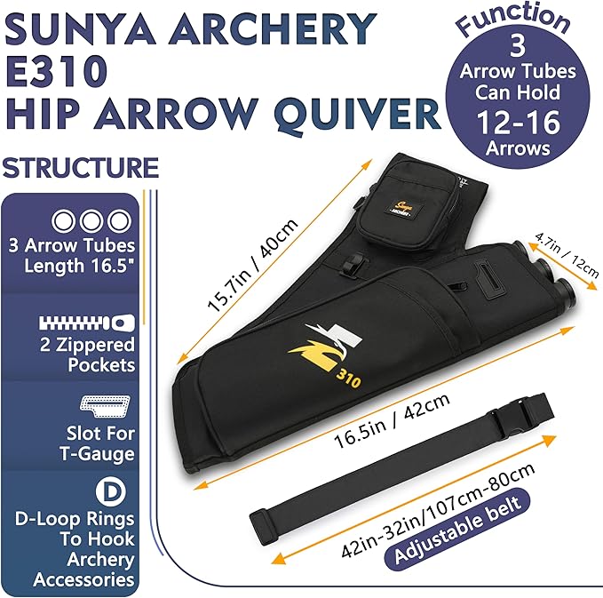 SUNYA Archery Hip Quiver for Arrows. Includes 3 Tubes Arrow Holder, Accessories Pockets and Waist Belt. Fit for Compound and Recurve Bow Practice.-StrideForce Fitness