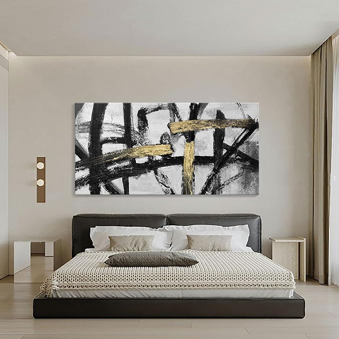 Abstract Living Room Wall Art - Large Black and White Gold Abstract Lines Bedroom Wall Decor Ink Dancing Canvas Prints Paintings for Dining Room Office Room Home Decor 29x58IN-StrideForce Fitness