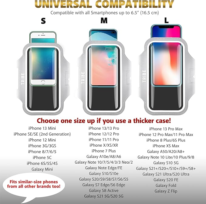 TRIBE Water Resistant Cell Phone Armband Case Running Holder for iPhone Pro Max Plus Mini SE (13/12/11/X/XS/XR/8/7/6/5) Galaxy S Ultra Plus Edge Note (21/20/10/9/8/7/6/5) Adjustable Strap & Key Pocket-StrideForce Fitness