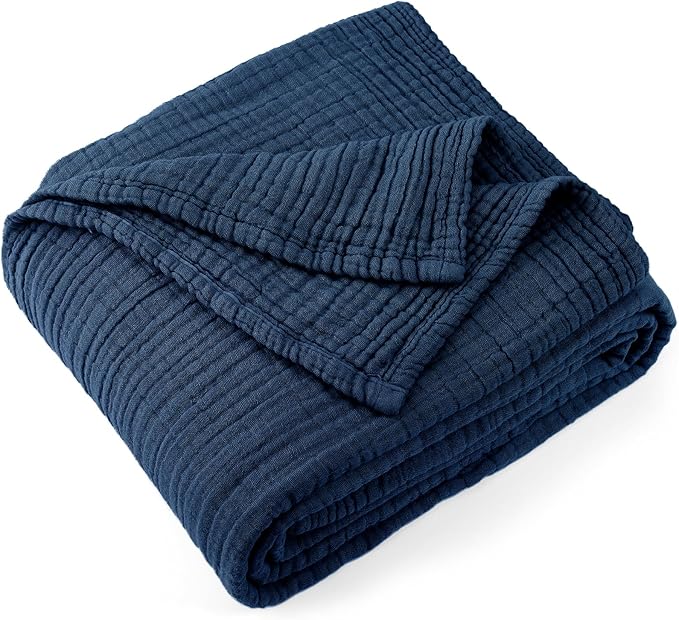Carriediosa 100% Cotton Muslin Throw Blanket 108" X 90" King Size，4-Layers Summer Gauze Throws for Bed Couch，Soft Lightweight Breathable Linen Blankets Bedspread for Adults All Season，Navy Blue-StrideForce Fitness