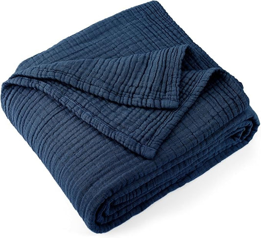 Carriediosa 100% Cotton Muslin Throw Blanket 66" X 90" Twin XL Size，4-Layers Summer Gauze Throws for Bed Couch，Soft Lightweight Breathable Linen Blankets Bedspread for Adults All Season，Navy Blue-StrideForce Fitness