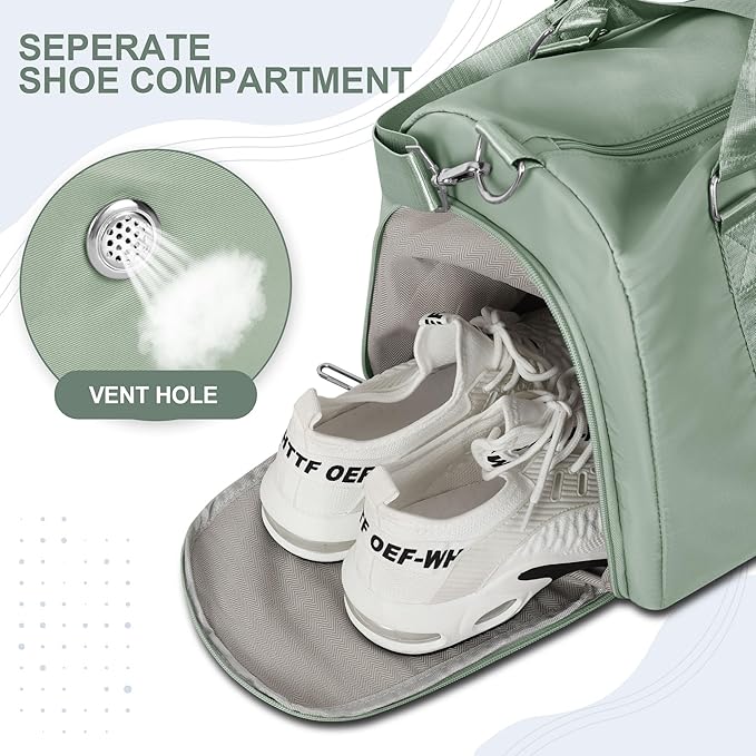 FIORETTO Womens Gym Tote Duffle Bag with Wet Pocket & Shoe Compartment, Sports Duffel Overnight Weekender Hospital Workout Carry on Bag for Girls, Ideal for Travel, Swimming, Dance, Ballet Celadon-StrideForce Fitness