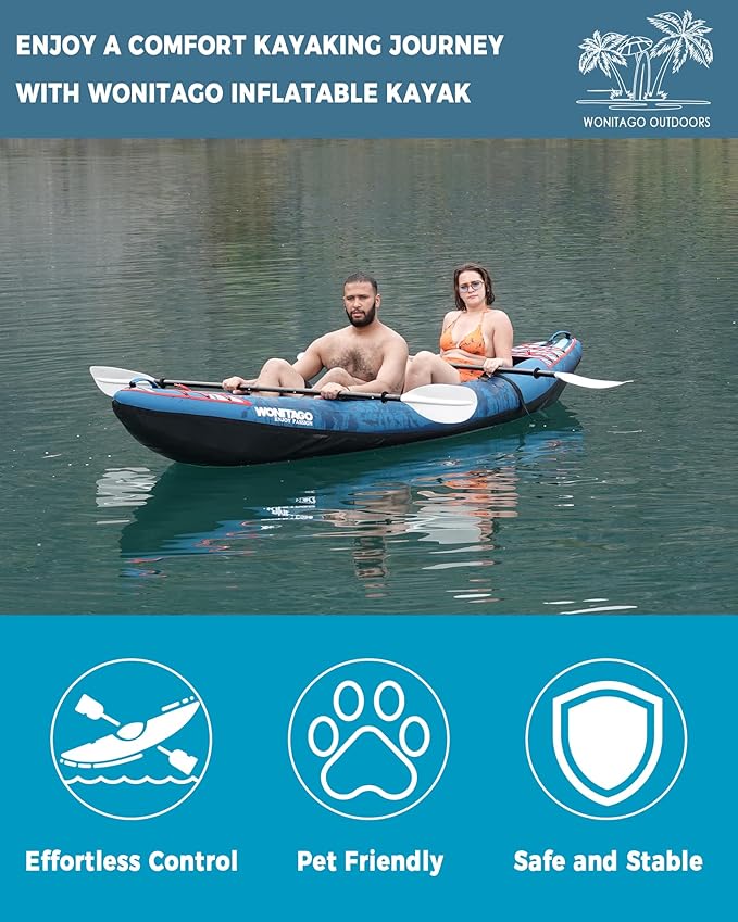 Inflatable Kayak, Portable Ripstop Oxford Cloth Recreational Touring Kayak with Fiberglass Kayak Paddle, Hand Pump and Carrying Bag, 1/2 Person-StrideForce Fitness