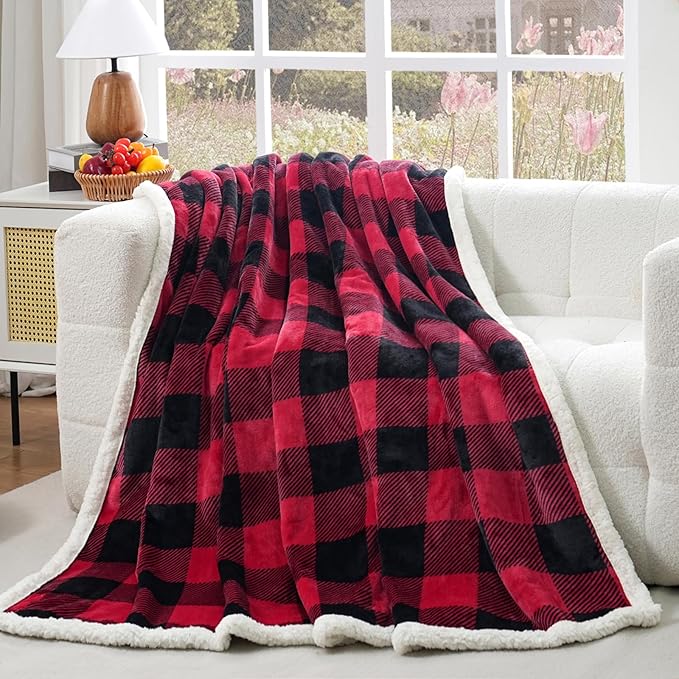 PU MEI Sherpa Fleece Throw Blanket 80" x 90" Reversible Plush Fluffy Large Big Blanket Lattice Flannel Blankets for All Season Use, Red and Black-StrideForce Fitness