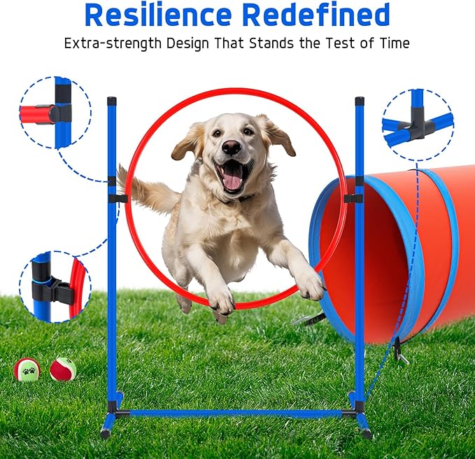 Dog Agility Course Backyard Set Dog Agility Equipment Obstacle Course Backyard Includes Adjustable High Hurdle,6 Weave Poles,Extended Tunnel,Jump Ring,Square Pause Box,2 Balls,Whistle,2 Carrying Bags-StrideForce Fitness