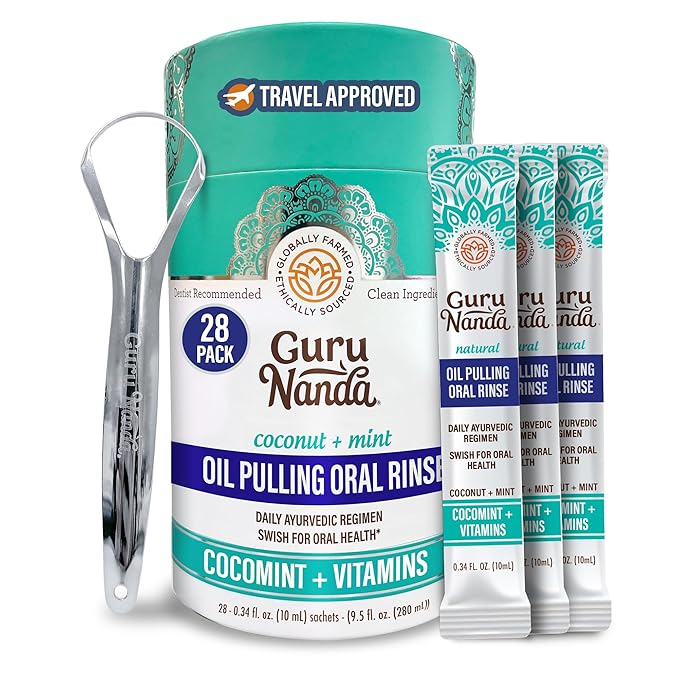 GuruNanda Travel Sachets Coconut Oil Pulling, Fresh Breath Mouthwash, 7 Essential Oils & Vitamins for Happy Teeth & Gums, with Tongue Scraper, 28 Sachets