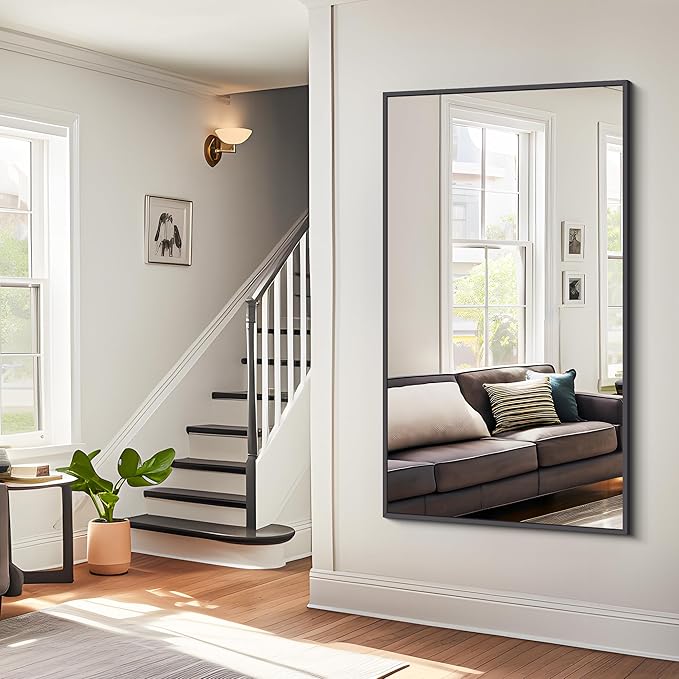 Bathroom Mirror, 30x55 inch Wall Mirror for Bathroom Wall Mounted Black Rectangle Square Corner Mirrors, Black Bathroom Mirror for Living Room, Farmhouse, Bedroom Entryway, Horizontal/Vertical-StrideForce Fitness