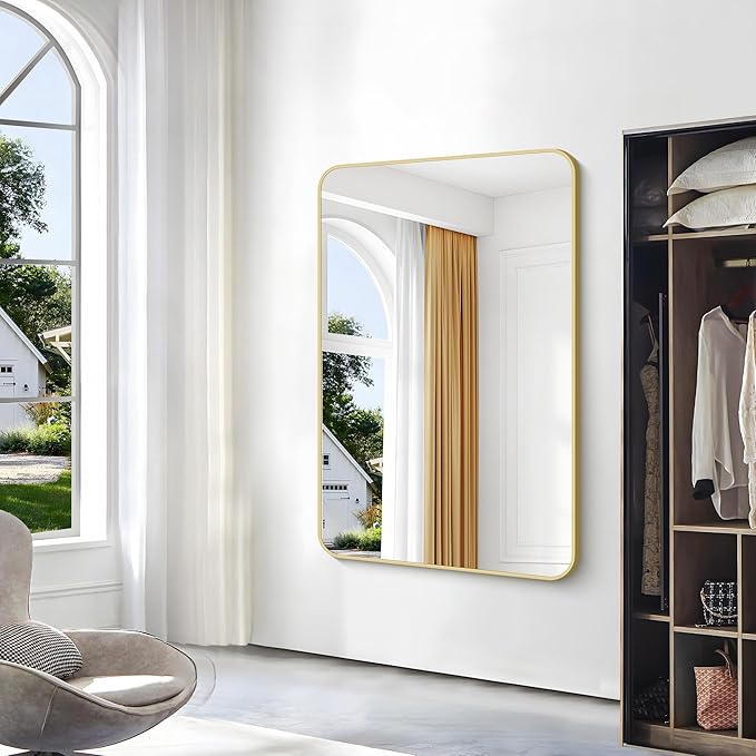 Gold Bathroom Mirror,55x36 inch Wall Mirror for Bathroom Wall Mounted,Round Rectangle Mirror for Bathroom Over Sink,Modern Frame for Home Decor Living Room,Bedroom Entryway,Horizontal/Vertical-StrideForce Fitness
