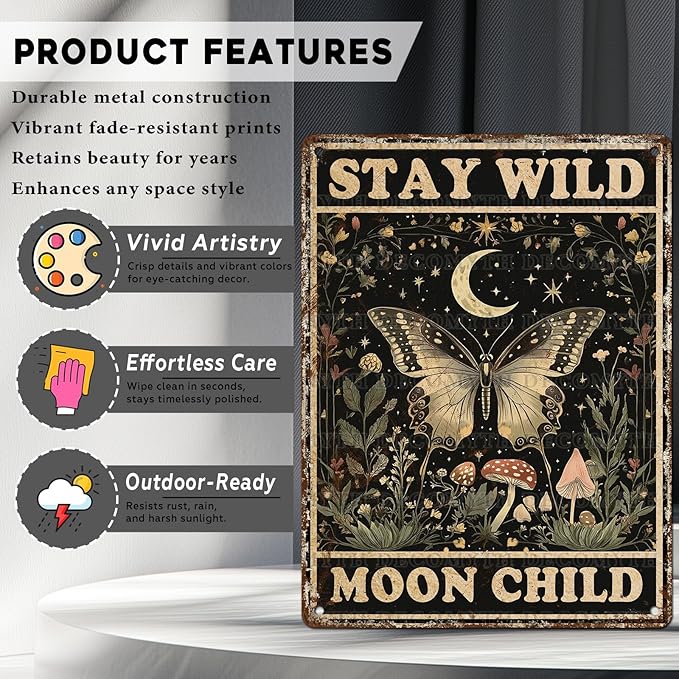Vintage Tin Sign Butterfly Stay Wild Moon Tin Sign Retro Wall Decor for Home Office Room Wall Decor Poster 12 * 16inch-StrideForce Fitness