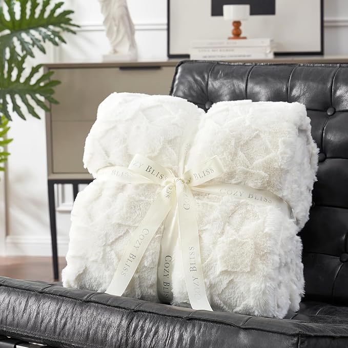 Cozy Bliss Faux Fur Throw Blanket for Couch - Soft Checkered Fuzzy Plush Cozy Throw Gift Blankets for Women,Cream White Boho Blanket for Sofa Bedroom Living Room.50 * 60 Inches-StrideForce Fitness